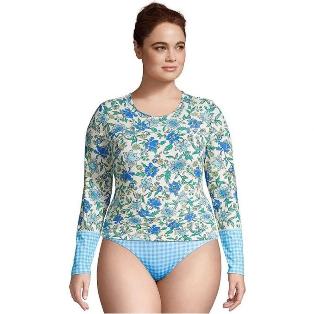 Lands End Womens Petite XL Long Sleeve Rashguard Shirt‎ UPF 50 Floral Gingham